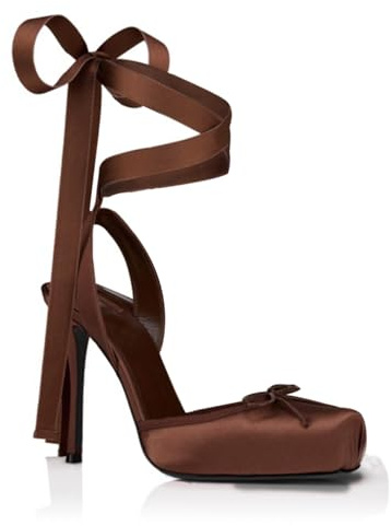 GOGD Satin Ballet Heels Lace Up Closed Square Toe Stiletto High Bow Ballerina Slingback Pumps Strappy Mary Jane Elegant Shoes Chocolate