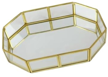 LUOOHL Gold Perfumes Tray for Jewelry Cosmetics Nonslip Glass Organiser for Rings Earrings Bedroom Bathroom Decoration Gold Glass Cosmetic Tray Organizer
