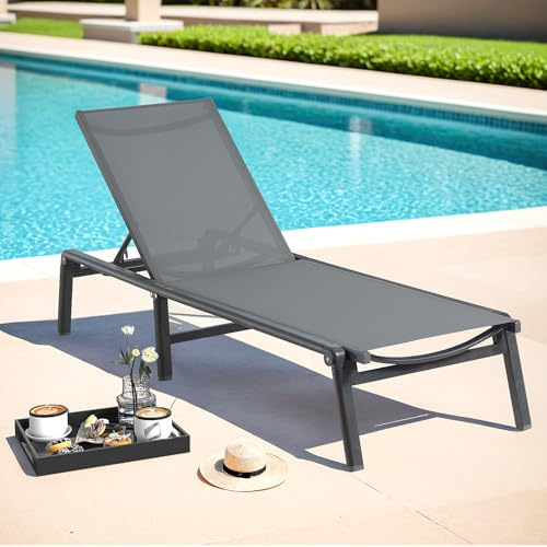DriveMo Aluminium Sonnenliege klappbar, Gartenliege wetterfest mit 5-Fach Verstellbarer Rückenlehne, leichte Strandliege bis 180kg belastbar, Textilene Poolliege ohne Montage, Khaki, 1er-Set