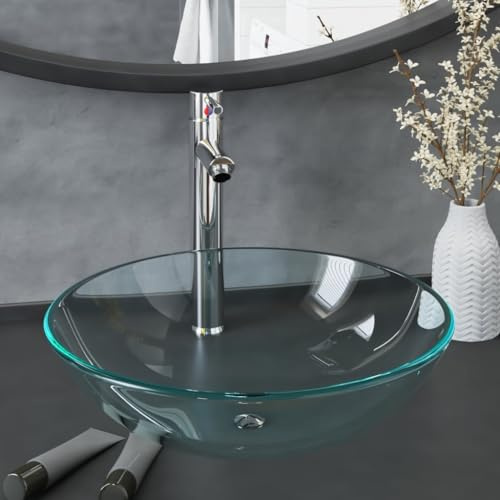 Runt handfat av härdat glas med kran och popup avloppsarmatur, 42 x 13 cm, för badrum tvättställ montering
