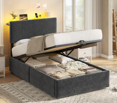KIMENICH Polsterbett 90x190cm mit Hydrauliksystem & Stauraum, Stauraumbett mit Höhenverstellbarem Kopfteil, Bettgestell 90x190cm mit Smart LED, Bett mit Ladestation,Gestreifter Samt,Grau