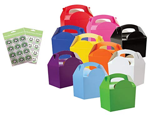 30 Childrens/Kids Plain Coloured Carry Food Meal Birthday Party Box Loot Bag Boxes - Size: 152mm x 100mm x 102mm With MustBeBonkers® sticker seals (Variety of Colours)