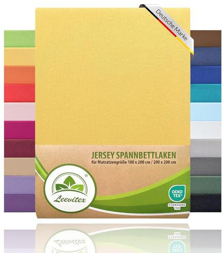 leevitex® Spannbettlaken 180x200cm - 200x200cm | Spannbetttuch Bettlaken | 100% Jersey Baumwolle | Matratzenhöhe bis 25 cm | Öko-Tex | Gelb