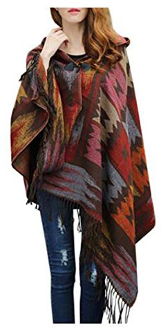 Femmes Color Block Blanket Grand Cardigan Poncho Cape Shawl Wrap Manche longue