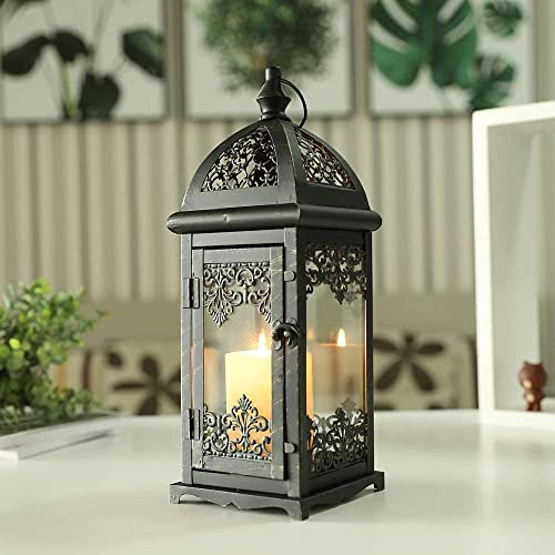 JHY DESIGN Decorative Candle Lantern 38 cm High Metal Candle Lanterns Vintage Style Hanging Lantern for Indoor Outdoor, Events, Parties,Weddings(Black with Gold Brush)
