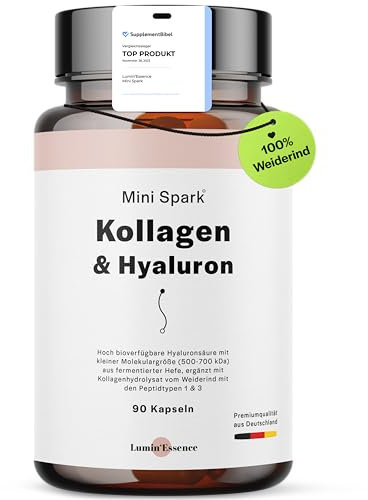 Mini Spark Kollagen Hyaluronsäure Komplex | 90 Kapseln | 900g bioaktives Collagen mit 220g Hyaluron pro Tagesdosis | Laborgeprüft und verarbeitet in Deutschland