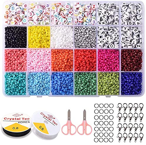 Lostwry 6800pcs Glasperlen Set, Farben Perlen zum Basteln Mini Glasperlen zum Auffädeln Buchstabenperlen Kit Runde Mehrfarbig Perlen für Schmuckherstellung DIY Armband Geschenk 3mm