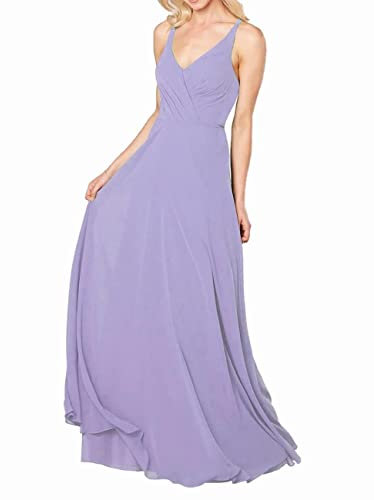 WSEYU V cuello largo vestidos de dama de honor gasa una línea plisada vestidos de baile con bolsillos C078, Lila, 36