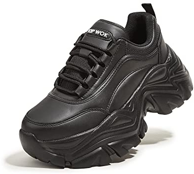 K KIP WOK Chunky Sneakers for Women Fashion Platform White Leather Casual Dad Shoes Comfortable Wedge Walking Sport Sneakers(Black,7)