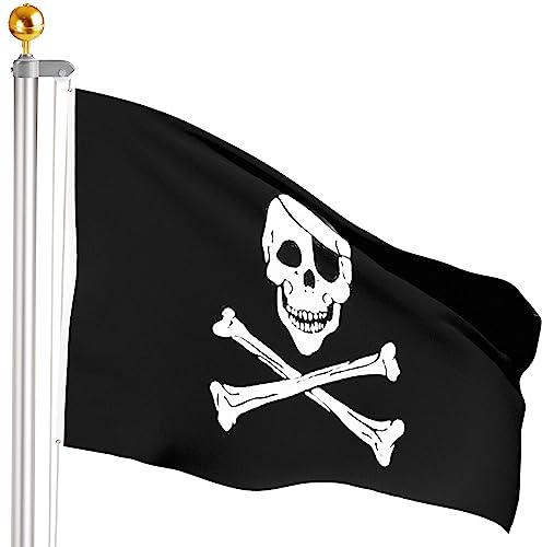 BRUBAKER 4m Fahnenmast inkl. Piratenflagge Totenkopf und Kugelspitze Gold - Aluminium Flaggenmast mit Erdhülse für Garten und Camping + Piraten Flagge 150 x 90 cm