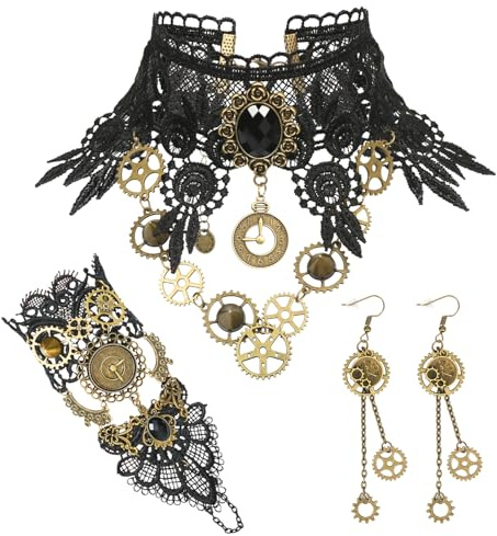 Meleager Steampunk Accessoires Femme: 3 Pièces Engrenages Gothique Rétro, Collier Ras du Cou et Boucles d'Oreilles pour Mascarade Halloween Carnaval