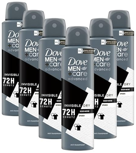 Dove Men+Care Advanced Anti-Transpirant Invisible Dry contra las huellas blancas protege 72 horas del olor corporal y el sudor, 150 ml, 6 unidades