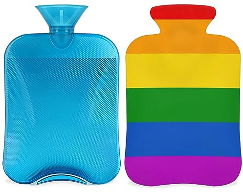 Wärmflasche mit Regenbogen-Flagge und flauschigem Bezug, 2 l, großes Fassungsvermögen, bunte Regenbogen-Flasche, Wasserbeutel für gemütliche Nächte, Linderung von Schmerzen, Rücken, Nacken und