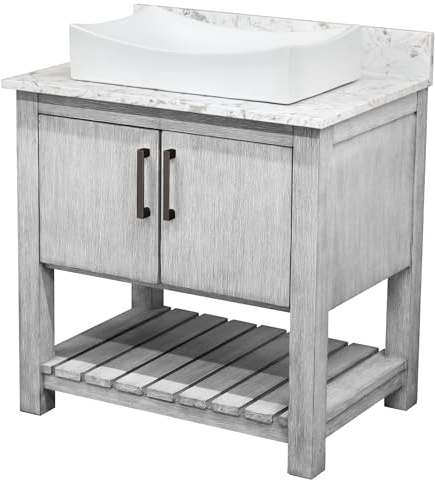 Miseno MV-30SG-NOBV-6001-1141 30 Free Standing Single Basin Vanity Set with Cabinet, Porcelain Vessel Sink and Quartz Vanity Top - Stonewash Grey/Cafe Mocha Top/Oil Rubbed Bronze Hardware