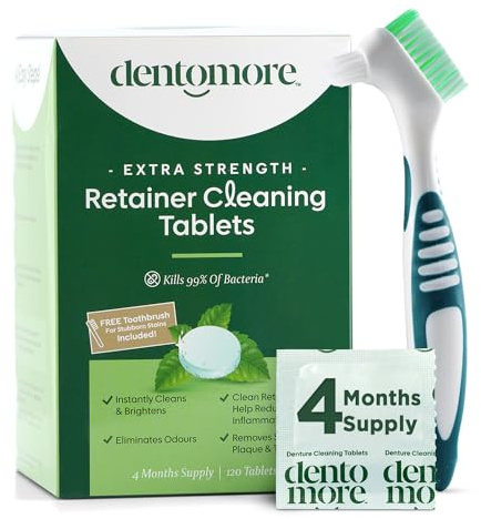 Dentomore Retainer Cleaner Tablets -4 Months supply-120 tabs- Cleaning Tablets Eliminate Odour, Stains - Mouth Guard Cleaning Tablets - Potent Denture Cleaning Tablets - Bonus Special Toothbrush
