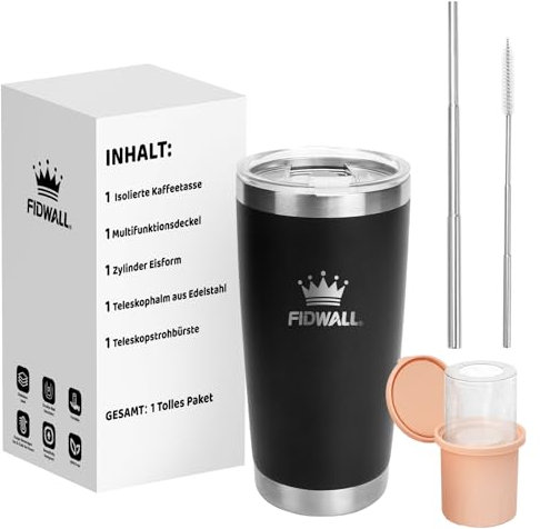 FIDWALL Tazze da Viaggio 20oz/590ml, Tazza da Caffè Isolante con Coperchio a Prova di Perdite, con Stampi per Ghiaccio Circolari, Cannucce Retrattili e Scovolino Retrattile (Ombra Nera)