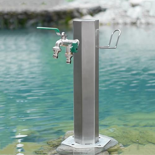Fontana da Giardino Esterno Acciaio Inossidabile 304, Fontana a Colonna Fontanelle da Giardino con Doppio Rubinetto di Uscita Dell'acqua e Pistola a Spruzzo, Rubinetto Antigelo per Esterno(86cm/33in)