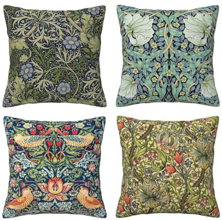 Ansouyi William Morris prydnadskuddöverdrag 50 x 50 cm set med fyra, vintage botanisk blommig trädgård fyrkantiga dekorativa kuddöverdrag, hem kuddfodral för soffa soffa