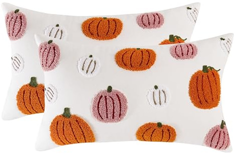 Tosleo Housse de Coussin Halloween 30 x 50 cm Tufté de Citrouille Brodé Rose Orange Taies d'oreiller pour Canapé Salon Maison Extérieur Thanksgiving Fête Décoration 2 Pièces