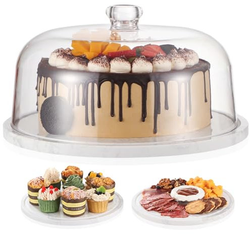 Elegant Marble Cake Stand with Dome，11.8in（30cm） White Marble Dessert Stand with Acrylic Lid Cover，Serving Display Plate for Cakes，Desserts，Cheese，Large Stone Platter for Kitchen/Party/Wedding