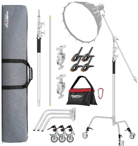 AMBITFUL Stainless Steel Heavy Duty C-Stand, 150cm-320cm Adjustable Photographic Sturdy Tripod with Wheels for Reflectors, Softboxes, Monolights,Heavy Duty Holding Arm