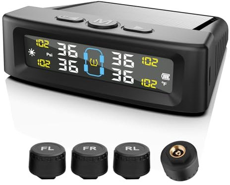 KAOLALI Reifendruckkontrollsystem TPMS Kabellose Solar-Reifendrucküberwachung mit 4 Externen Reifendrucksensor, Echtzeit-Anzeige Temperatur Druck 5 Bar Solar & USB-Ladung für Auto SUV