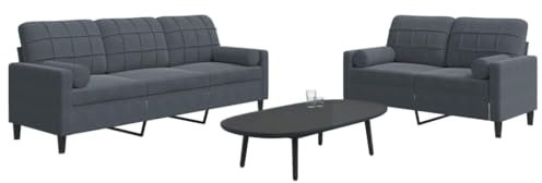Homgoday 2-TLG. Sofagarnitur mit Kissen Sofa Couch Wohnzimmersofa Loungesofa mit Armlehnen, Couchgarnitur Designsofa Sitzmöbel für Wohnzimmer Büro und Nackenrollen Dunkelgrau Samt