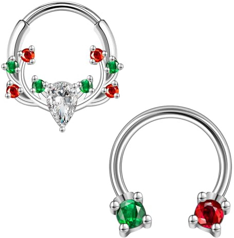 ZS 2 x Weihnachts-Hufeisen-Nasenring, Septum-Ringe, 16 g, Edelstahl, Scharnier, Segmentring, Knorpelohrring, Kreolen, Weihnachtsbäume, Süßigkeiten, Daith, Ohrpiercing-Schmuck für Damen und Herren