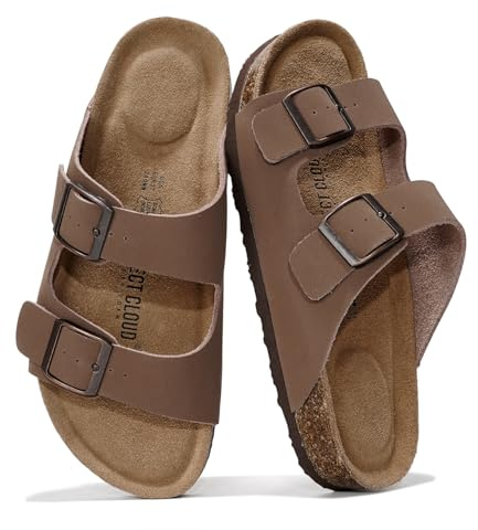 Project Cloud 100% Genuine Leather Flat Sandals For Women 2026 Cork Footbed Womens Sandals with Memory Foam and arch support Vacation Essentials Slides for Women Footwear (VenitaWD,TAN,8.5)