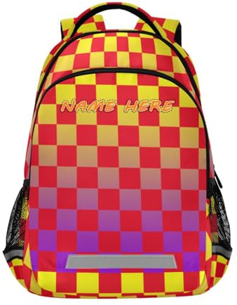 Buffalo Plaid Check Yellow Red Violet - Mochila personalizada para niños con etiqueta de nombre grande personalizada para hombres, mochilas para adolescentes, niñas, rayas reflectantes resistentes,
