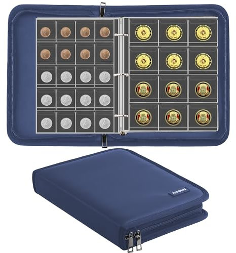 JUNDUN Feuerfestes Münzsammelalbum für Sammler, 260 Taschen Münzsammelbuch mit Reißverschlüsse, Münzsammelorganisator Aufbewahrungsbox Album für 20/25/27/30/38mm Münzen (Blau)