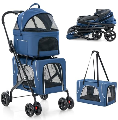 COSTWAY Passeggino per Cani a 2 Posti 3 in 1, Carrozzina per Animali con 2 Trasportini Rimovibili e Cintura di Sicurezza, Carrello per Animali di Piccola o Media Taglia (Blu)