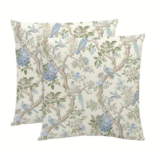 NIULAA lyxig sammetskudde 50 x 50 set om 2 blommor örngott mjuk soffkudde vintage fyrkantig dekorativ kudde estetisk kudde dekorativa artiklar med pioner och fåglar – tryckt på båda sidor