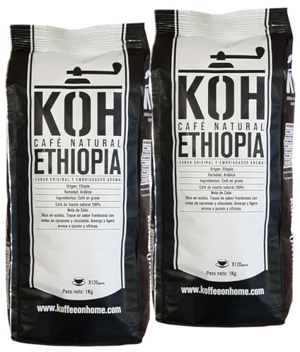 KoffeeONHOME Café en Grains Éthiopie Arabica 100% – 2x1kg (2kg) – Torréfaction Naturelle – Arômes Fruités & Floraux – Idéal Espresso & Filtre
