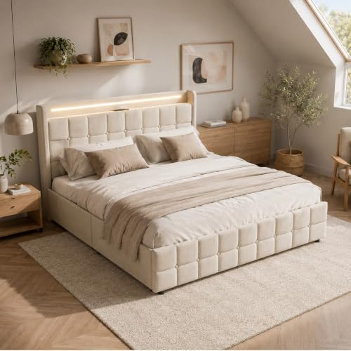 DULRLLY Bett 180x200 mit Schubladen Stauraum Polsterbett Doppelbett mit USB Ladefunktion und LED-Kopfteil und 4 Schubladen Stauraumbetten Jugendbett Bettgestell mit Lattenrost, Ohne Matratz,Linnen