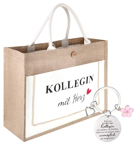 ROOMHUAWAY Geschenk Kollegin - Jutetasche mit Metall Schlüsselanhänger, Kollegin Geschenke, Abschiedsgeschenk Kollegen, Dankeschön Geschenke, Ruhestand/Renteneintritt Geschenk Frauen