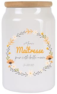 Bocal “Merci Maîtresse” – Cadeau fin d’année scolaire – Pot en céramique avec couvercle bambou – Motif floral – Texte et année personnalisables