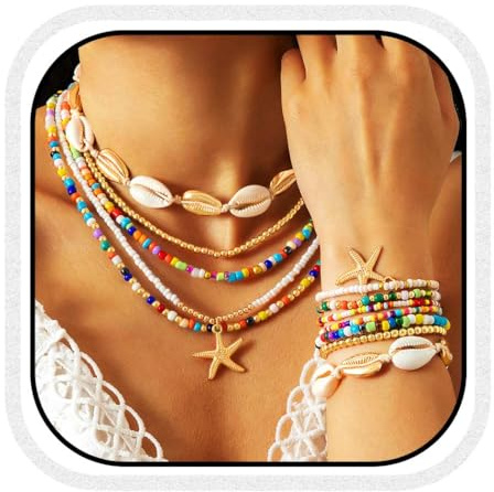 Zoestar Boho Perlen Halskette Set Gold Layered Shell Halsketten und Armbänder Set Seestern Strand Halskette Kette für Frauen
