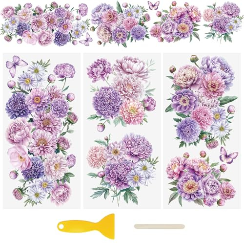 WANDIC 3 hojas de calcomanías de transferencia UV, diseño de flores moradas, 3D, impermeables, para tazas de vidrio, muebles, botellas de agua, laptop, manualidades, 15 x 30 cm