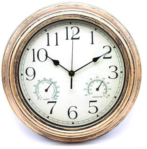 HOHOVYVY Reloj de jardín resistente a la intemperie, reloj de pared de 30,5 cm con termómetro e higrómetro, resistente al agua, para exteriores, diseño vintage (bronce dorado)