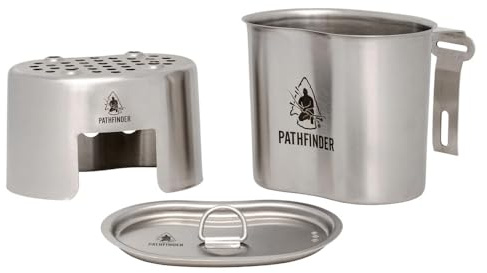 The Pathfinder School Stainless Steel Canteen Cooking Set - 3-Piece Backpacking Mess Kit with Nesting Cup, Camp Stove & Lid, Hiking Cooking Set, Camping Cookware & Trail Gear, Canteen Accessory Kit