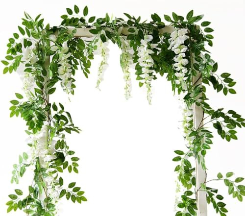2 Stück 3.6 m Künstliche Wisteria Girlande Künstliche Glyzine Blumen Girlande Gefälschte Wisteria Rebe Gefälschte Seide Ivy Hängende Blume für Hochzeitsdekorationen Party Dekor (Weiß)
