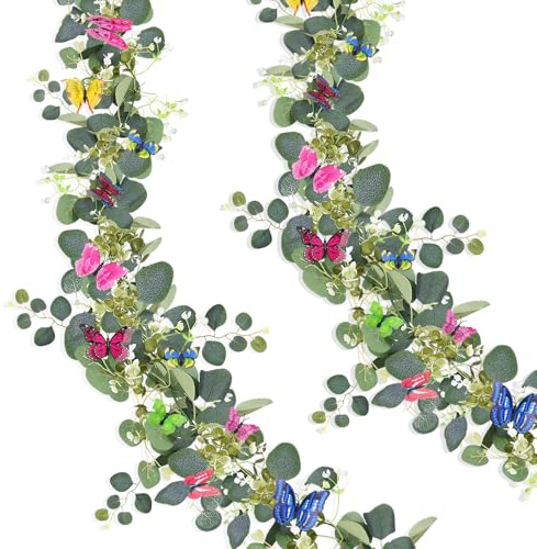 Surplex 2 Stück Künstliche Eukalyptus Girlande + 3D-Schmetterlings-Wanddekoration mit Magneten, Pflanze Hängend Grüne Blätter Deko für Hintergrund Hochzeit Dekoration Tischläufer Mittelstück