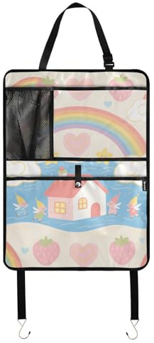 Organizer da tasca per sedile posteriore auto con motivo arcobaleno e casa, organizer per tablet per bambini, tappetino per calci con tasche