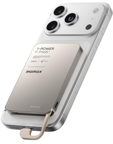 MOMAX Batería Externa de 5000 mAh con Cargador rápido PD de 20 W - Batería Externa ultradelgada de 0,8 cm con Cable Integrado para iPhone 15-17 (no Incluye Carga inalámbrica)