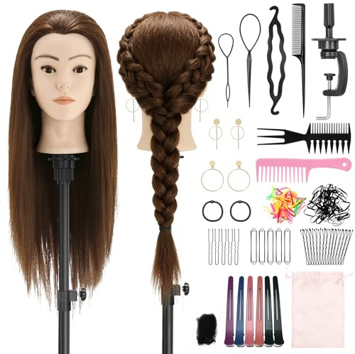 TwoWin 24 pouces (60cm) Tête à Coiffer Professionnelle, Tête a Coiffer 80% Vrai Cheveux Humains, Têtes d'exercice Coiffure avec Oreilles Percées, Support de pince + Ensemble de Tresse (Brun Foncé)