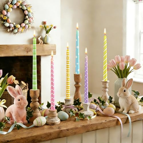 JarThenaAMCS 12Pcs Easter Dripless Taper Candles 10 Inch Long Unscented Candle Sticks Pastel Polka Dot Stripe Wavy Candle for Spring Wedding Anniversary Birthday Table Decoration