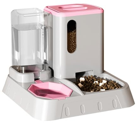 Automatic Pet Feeder 2-in-1 Food and Water Dispenser – Gravity Feeder for Cats & Dogs,with 2.2L Grain storage bucket and 1.3L water tank (Pink and Grey)