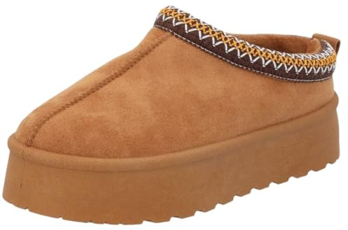 MX11H Platform Clog Slippers for Women – Cozy Suede Slip-On Mules with Chunky Sole, Warm Fleece Lining & Anti-Slip Outsole – Stylish Indoor Outdoor Comfort Shoes (Chestnut, 6 UK)