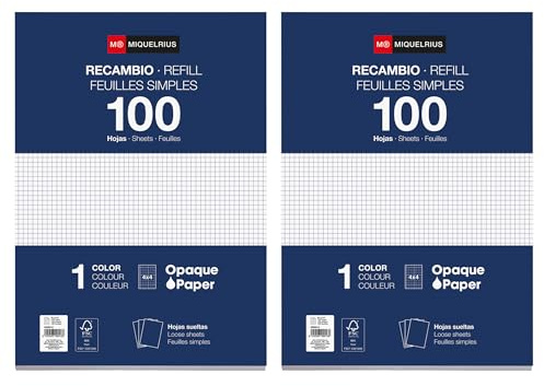 Miquelrius - 200 Hojas Sueltas Cuadriculadas 4 x 4 mm, Recambio A4 | Folios sin Margen ni Taladros, Papel Opaco 90 g/m², Aptas para Perforar y Archivar en Carpetas de Anillas, Material Escolar